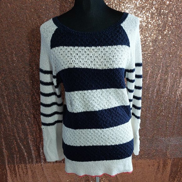 Ann Taylor Loft Women's 100% Cotton Navy Stripped Roll Up Sleeve Sweatshirt S - Picture 1 of 9